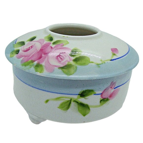 Vintage Hair Receiver Trinket Dish Floral Porcelain Hand Painted Footed w/ Lid - Picture 1 of 12